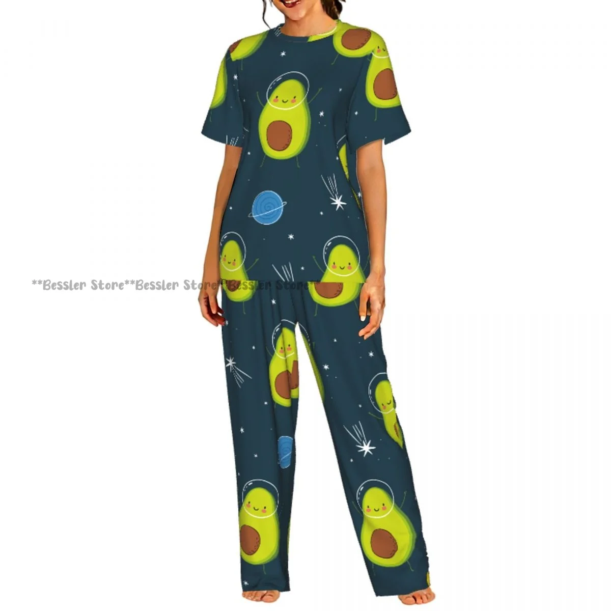 

Женский комплект из 2 предметов: пижама с принтом «Авокадо в космосе», топ с короткими рукавами и брюки, одежда для сна