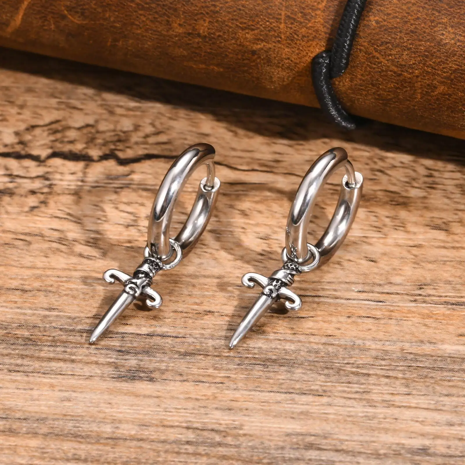 Gothic Sword Shaped Hoop Earrings for Men Boys,Stainless Steel Cross Earrings,Rock Punk Jewelry Anniversary Birthday Gifts