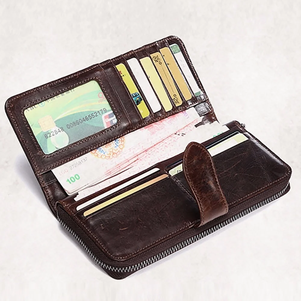 High Quality Oil Wax Genuine Leather Long Wallet Men Famous Brand Clutch Bag Zipper Cash Pocket Card Holder Vintage Bifold Purse