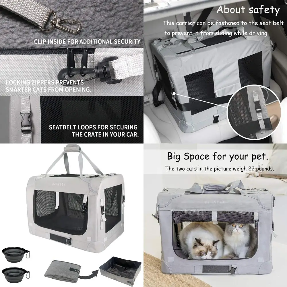 

Large Soft-Sided Pet Carrier for 2 Cats, Portable Dog Transport, 24x16.5x16, Folding Design with Litter Box and 2 Bowls, Grey