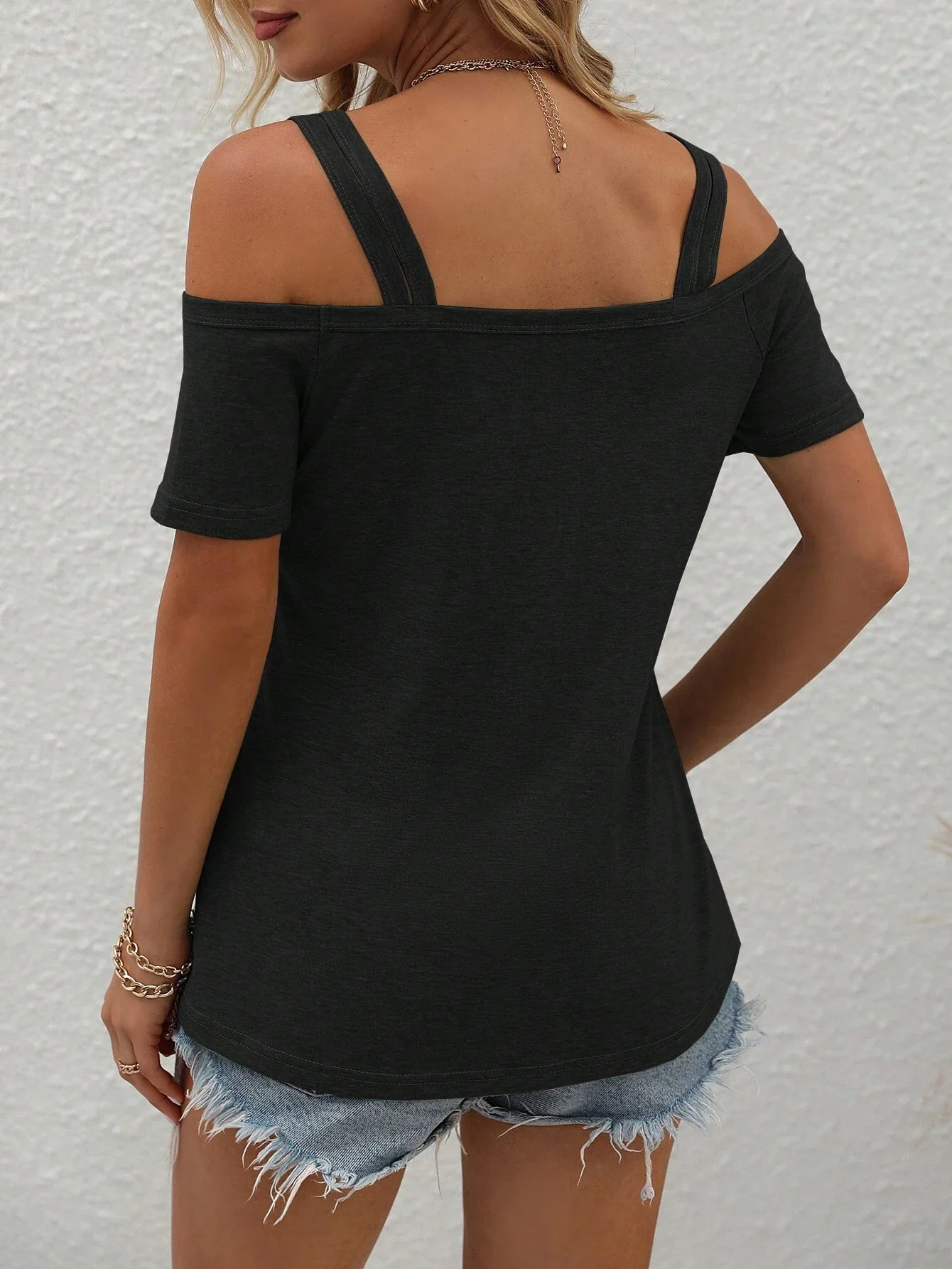Women's T-shirt Spring Summer Black Cold Shoulder Double Strap Cutout Neck Short Sleeve Valentine's Day Casual Sexy Daily Top