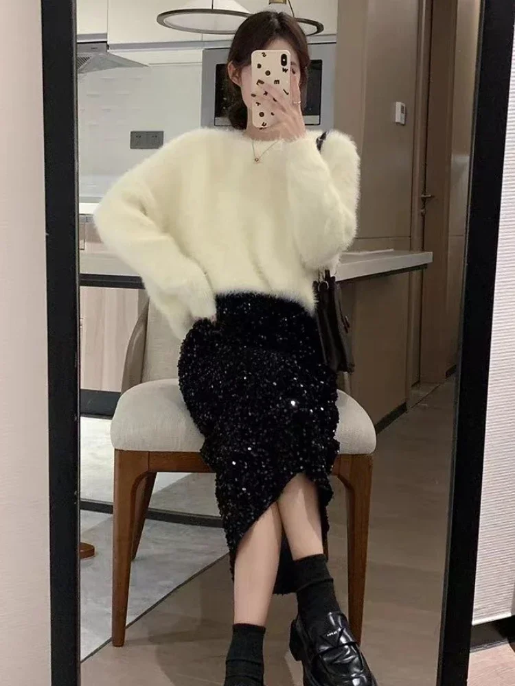 تنانير نسائية متوسطة الطول مطرزة بخصر عالٍ للخريف والشتاء على شكل حرف a أنيقة للسيدات باللون الأسود تناسب جميع الأعمار ملابس الشارع الشهير بلينغ فينتاج