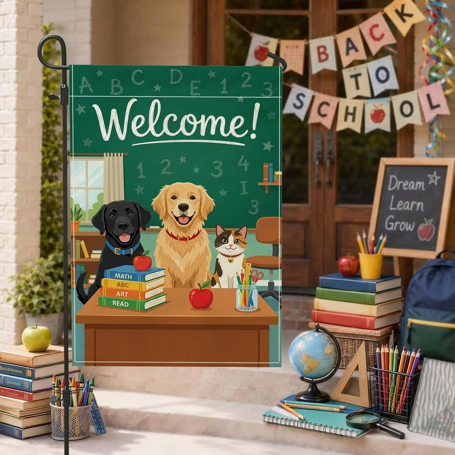 Dogs Garden Flag, Playful Fanciful Cat Books Back to Campus Green Double Sided Burlap Small Garden Yard Flag