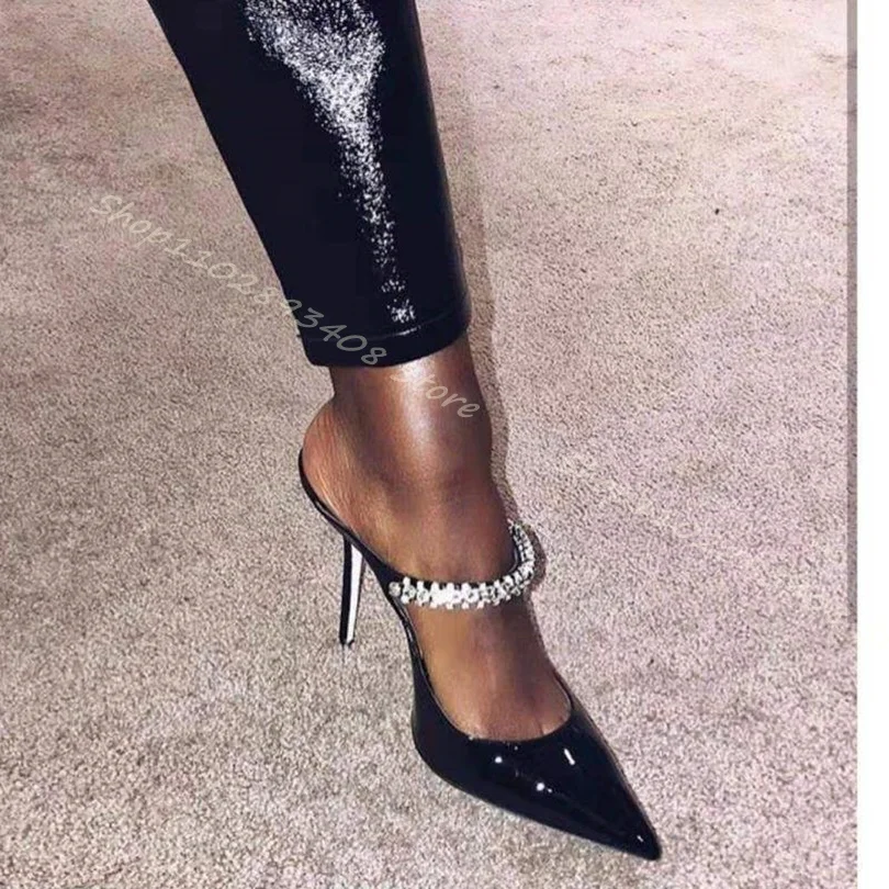 

Black Crystal Decor Slingback Pumps Pointed Toe Patent Leather Thin High Heels Women Autumn Dress Shoes 2023 Zapatos Para Mujere