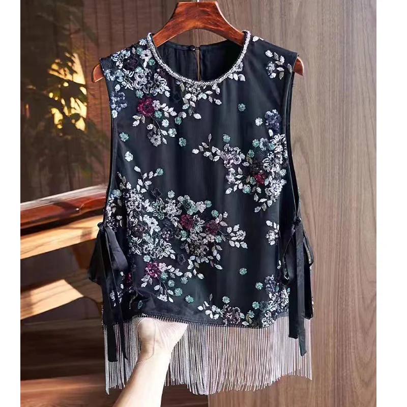 

High End Mesh Beading Splicing Tassel Vest Summer New Chinese Style O-Neck Side Tie Exquisite Sleeveless Top For Women S-XL