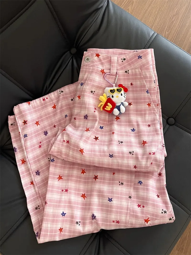 

Japanese Sweet Girl Star Print Casual Pants Loose Men Women Summer Wide Leg Floor Length Dra Long Pants Straight Tube