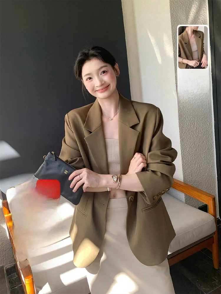 Folelse Women's One-Button Khaki een Suit Jaet Commute Sle Office Interview Coat Long Sve Regular Thin