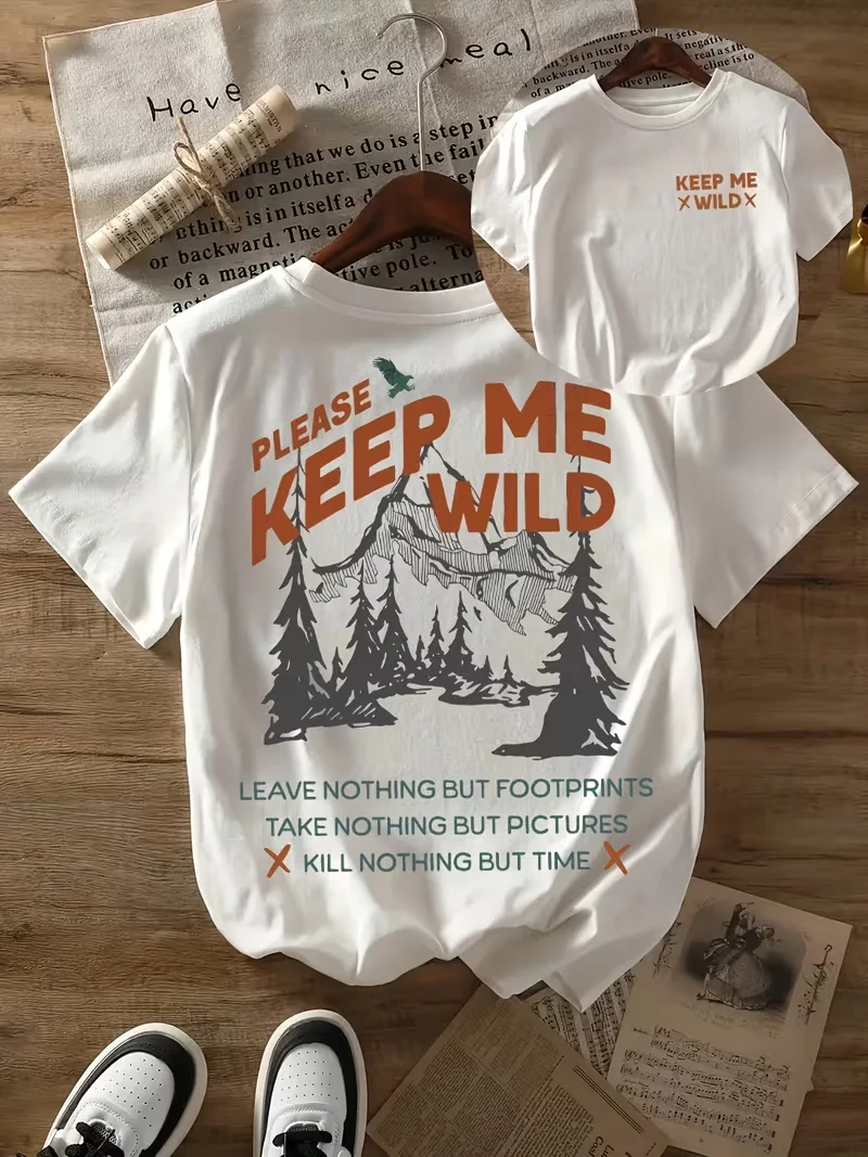 Front & Back Printed T-shirt with Please Keep Me Wild Mountain Forest Graphic,Outdoor Hiking Nature Top Daily & Adventure Wear