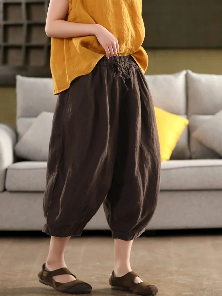 

Ретро-брюки-фонарики из 100% льна для женщин, свободные, с эластичным поясом, утягивающие, в стиле Харлан, повседневные, удобные, летние брюки