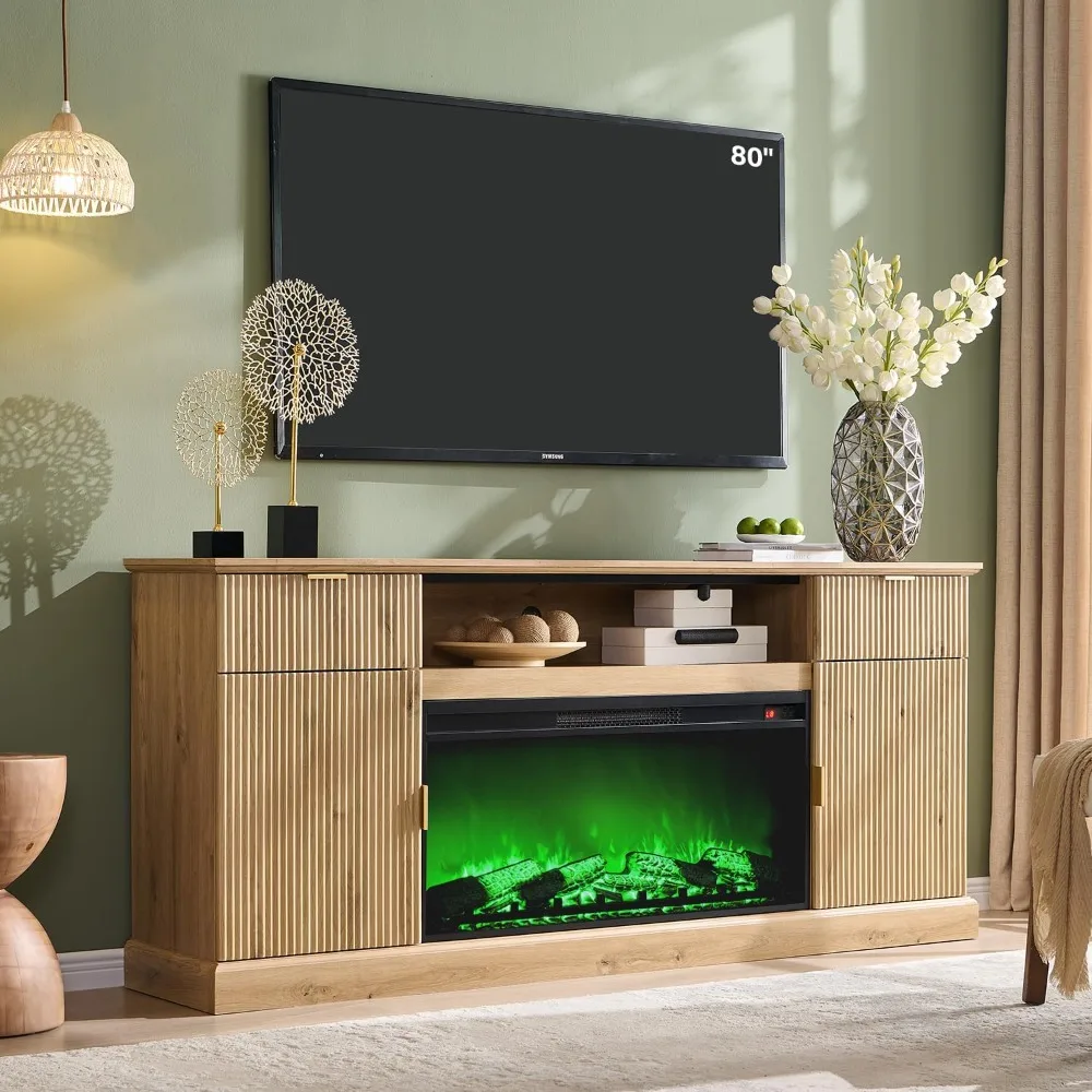 

Modern Fluted Fireplace TV Stand Entertainment Center with 2 Drawers and Adjustable Shelves, Wood Media Console for Living Room