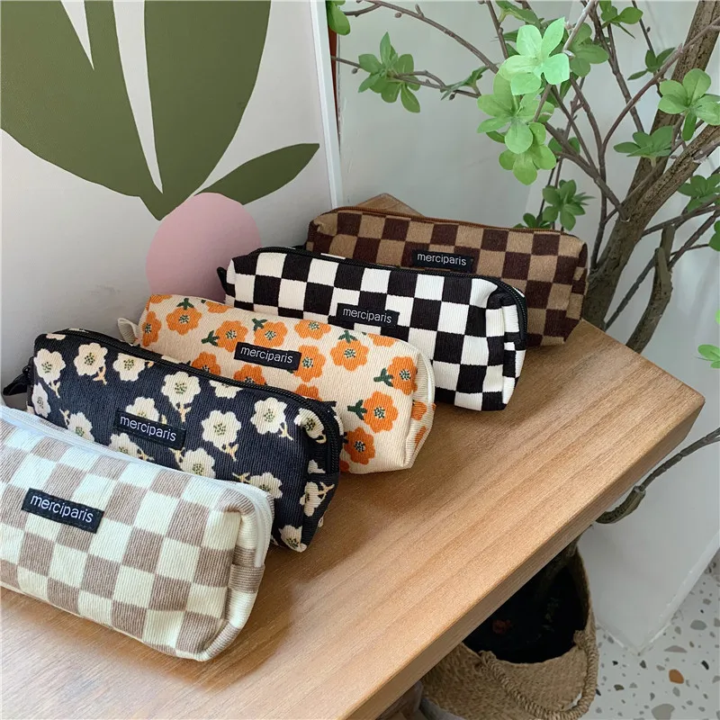 1PCS Pencil Case Retro Pencilcase Trousse Scolaire Corduroy Pen Case Estuche Lapices Kalemlik School Supplies Pencil Pouch