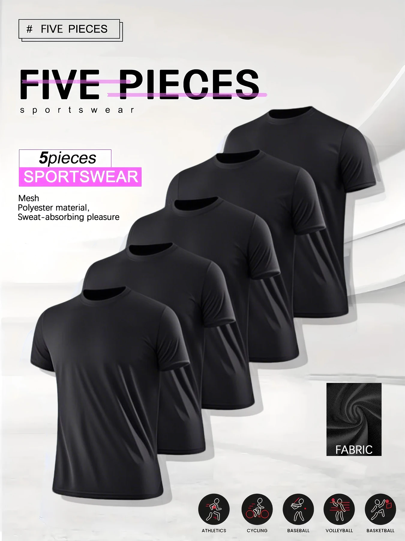 

5 Piece Black Polyester Short Sleeve Men's T Shirt. Perfect for everyday wear, going to the gym, and perfect for gift giving.