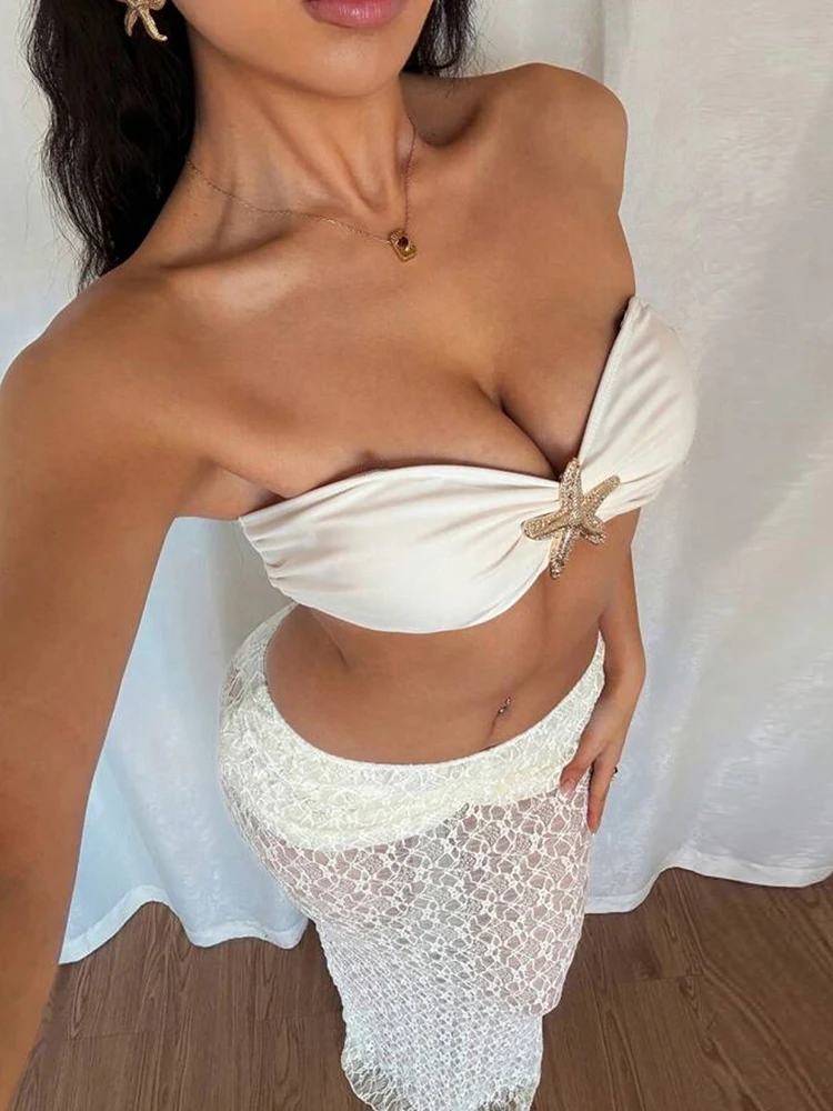 Macheda Ruched Elegant 2 Piece Set Women Metal Starfish Patchwork Tube Tops+Mesh See Through Skirts Vacation Beach Party Outfits