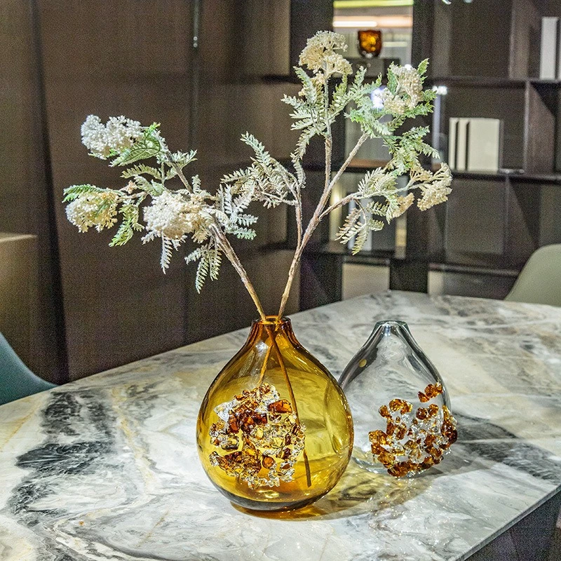 Amber glass vase with small mouth and big belly, living room flower arrangement decoration