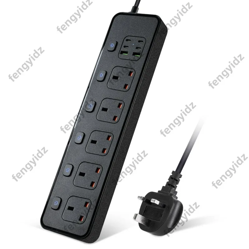 5 charging ports UK plug power strip with USB Type-C 2m cable 3250W 13A 250V UK Standard socket