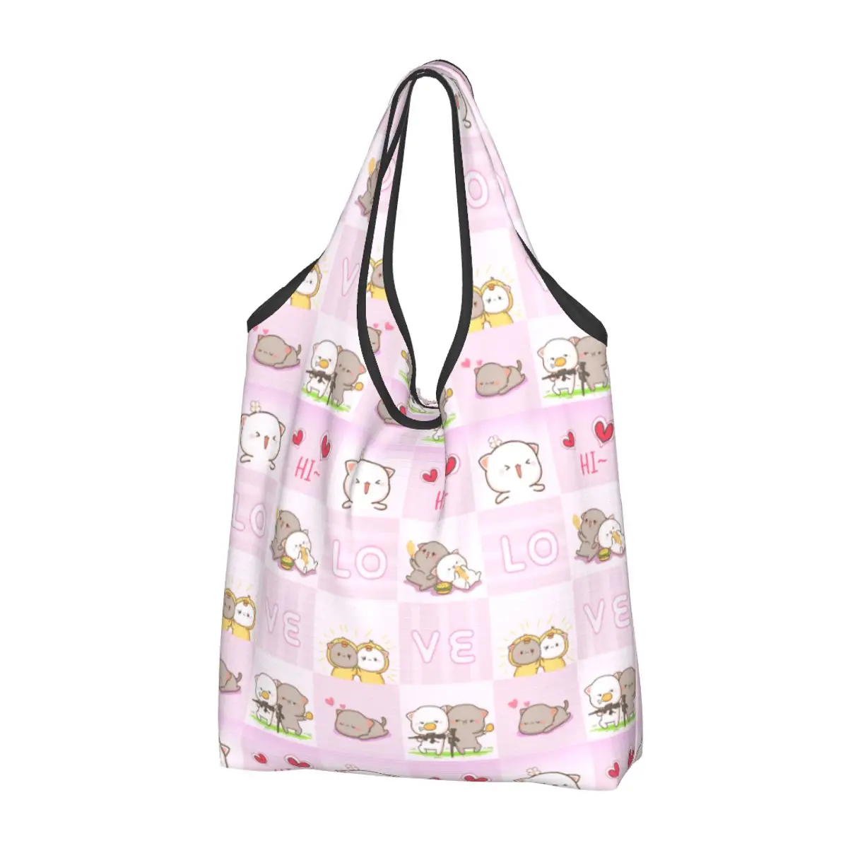 Custom Reusable Peach And Goma Shopping Bag Women Tote Bag Portable Cartoon Mochi Cat Grocery Shopper Bags