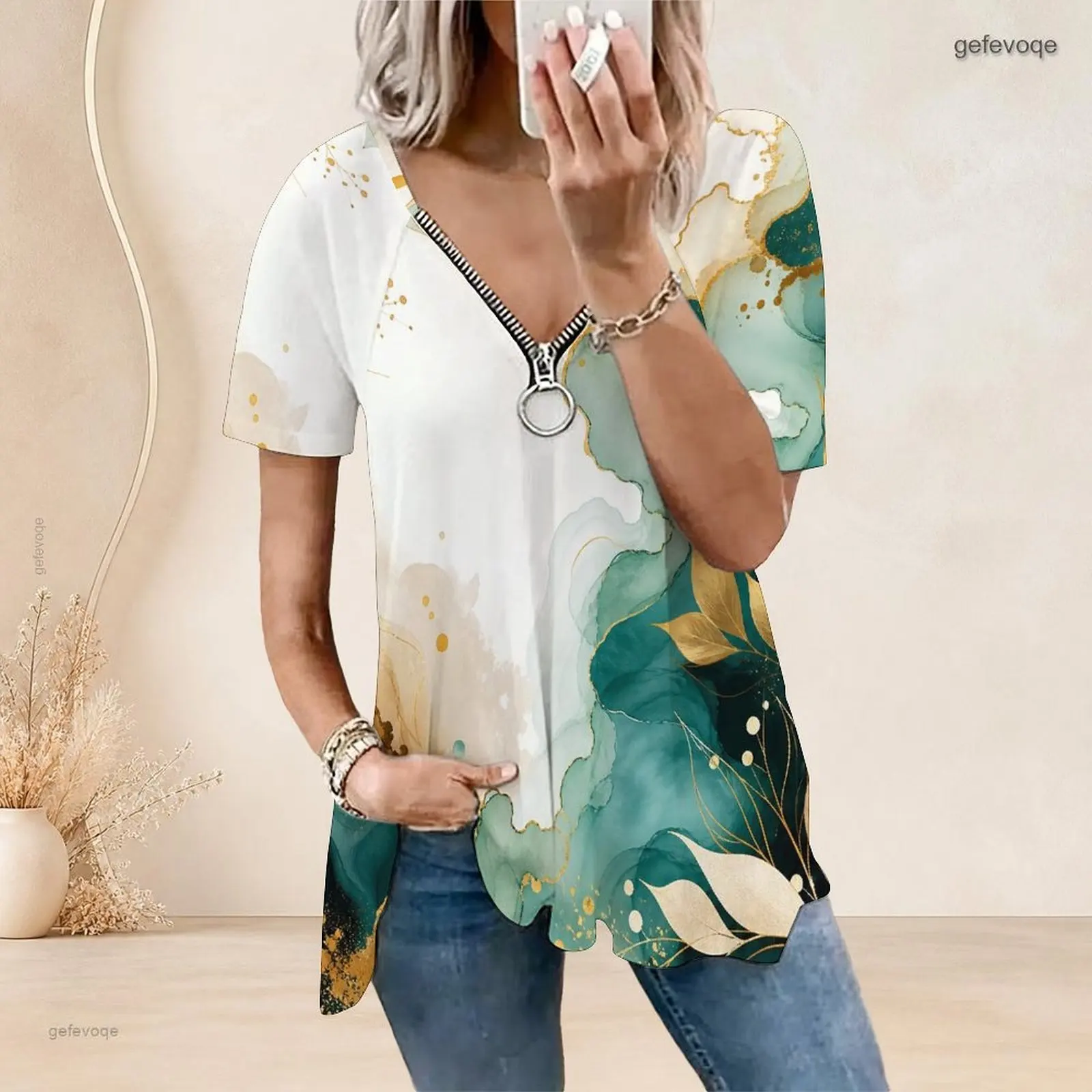 V Neck Ring Zip Short Sleeve Curved Hem Loose Fit Printed Top for Women