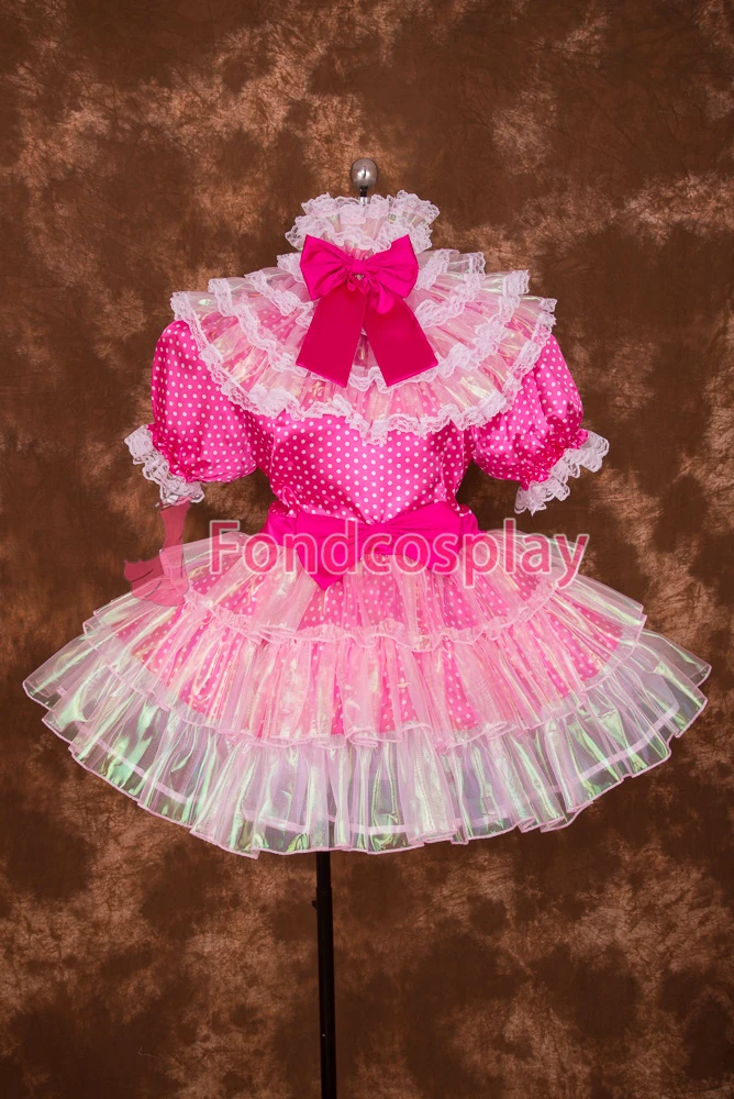 fondcosplay adult sexy cross dressing sissy maid short Lockable Hot Pink Circle Dots Satin Colourful Lace Dress Uniform[S014]