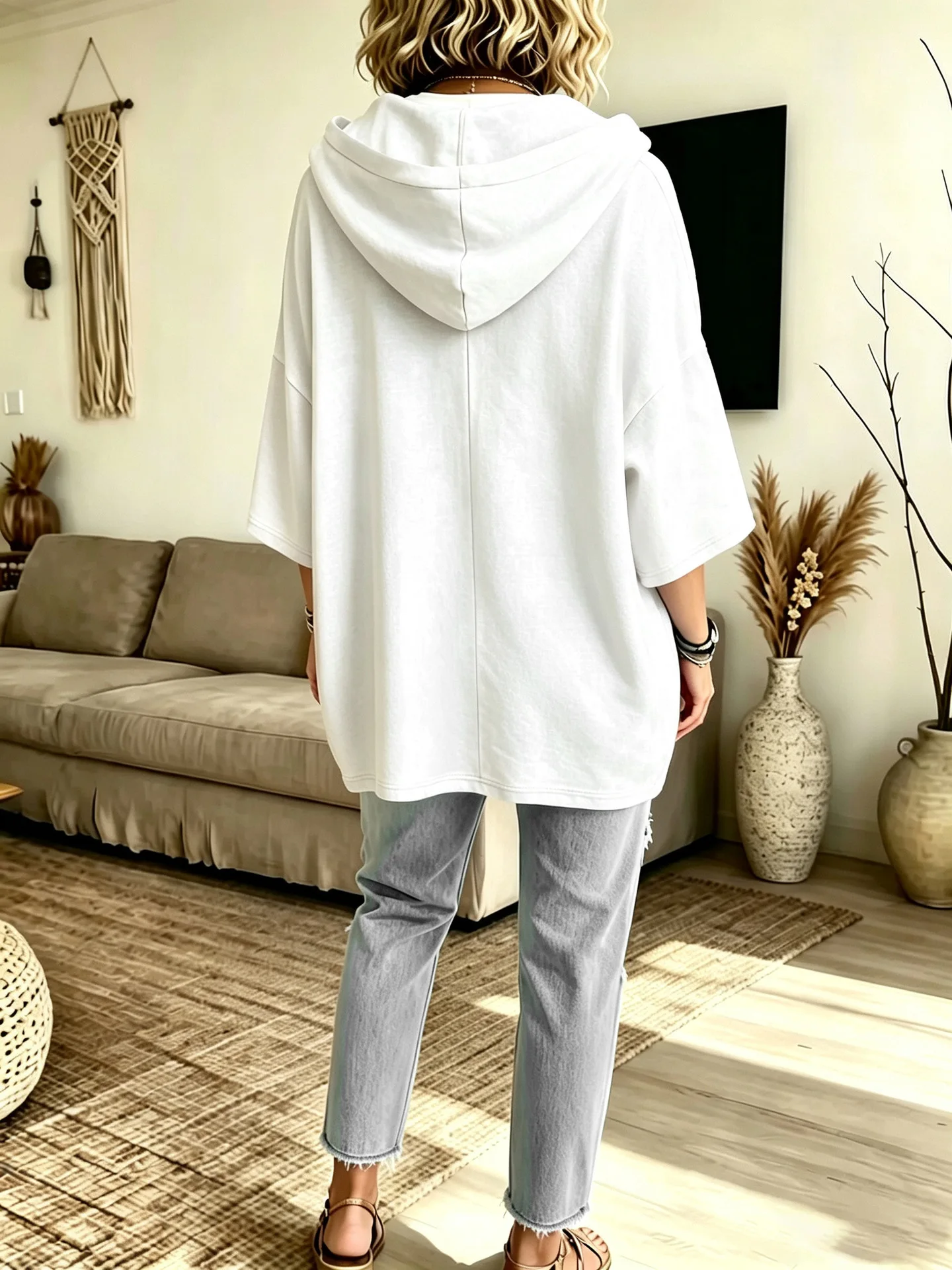 Einfarbiger Damen-Hoodie mit 3/4-Ärmeln, Lässiger Lockerer Pullover für Herbst und Winter – Detail 27