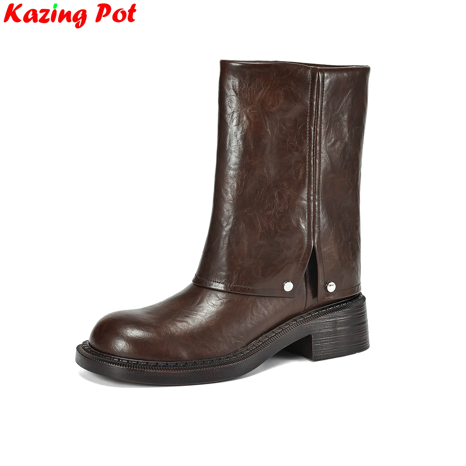 Krazing Pot Vintage Cow Leather Chunky Med Heels Modern Boots Brand Winter Warm Shoes Casual Dress Dating Women Mid-calf Boots