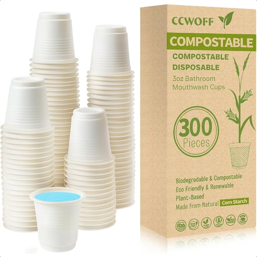 

300PCS 3 OZ Compostable Biodegradable Eco Friendly Bathroom Cups Small Mini Mouthwash Cups for Bath Rinse Shot Drinking Washin
