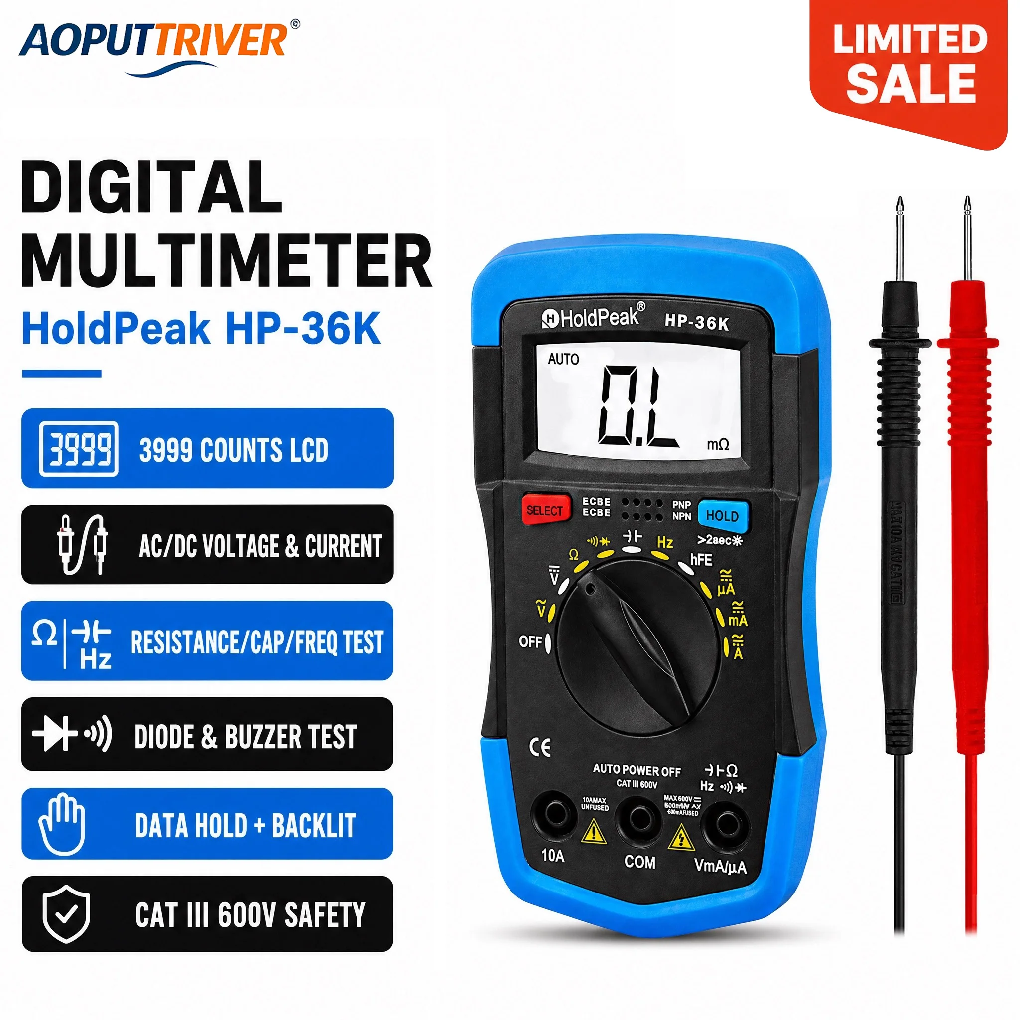 Digital Multimeter Auto Range Backlit LCD AC/DC Voltage Current Ohm Capacitance Tester CAT III 600V Handheld Electrician Tool