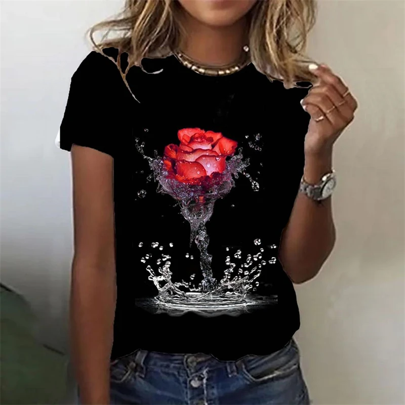 

Novelty 3d Roses Print Y2k Clothes For Women Summer Fashion Short Sleeve T Shirt Oversized Female Tops Casual Girls Tees