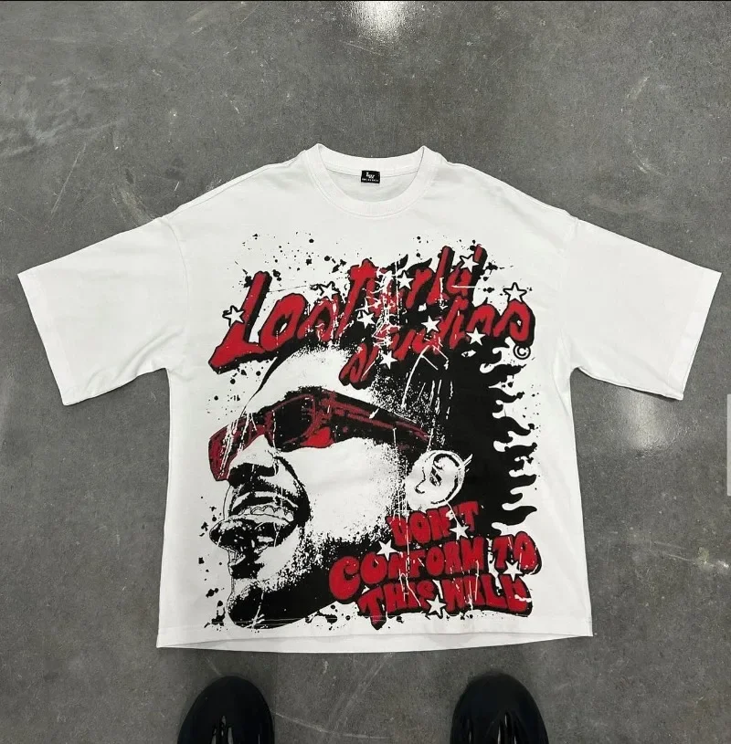 High Street casual summer Short sleeved oversized portrait alphabet Print T-shirt Men Y2k Goth Harajuku couple Loose shirt