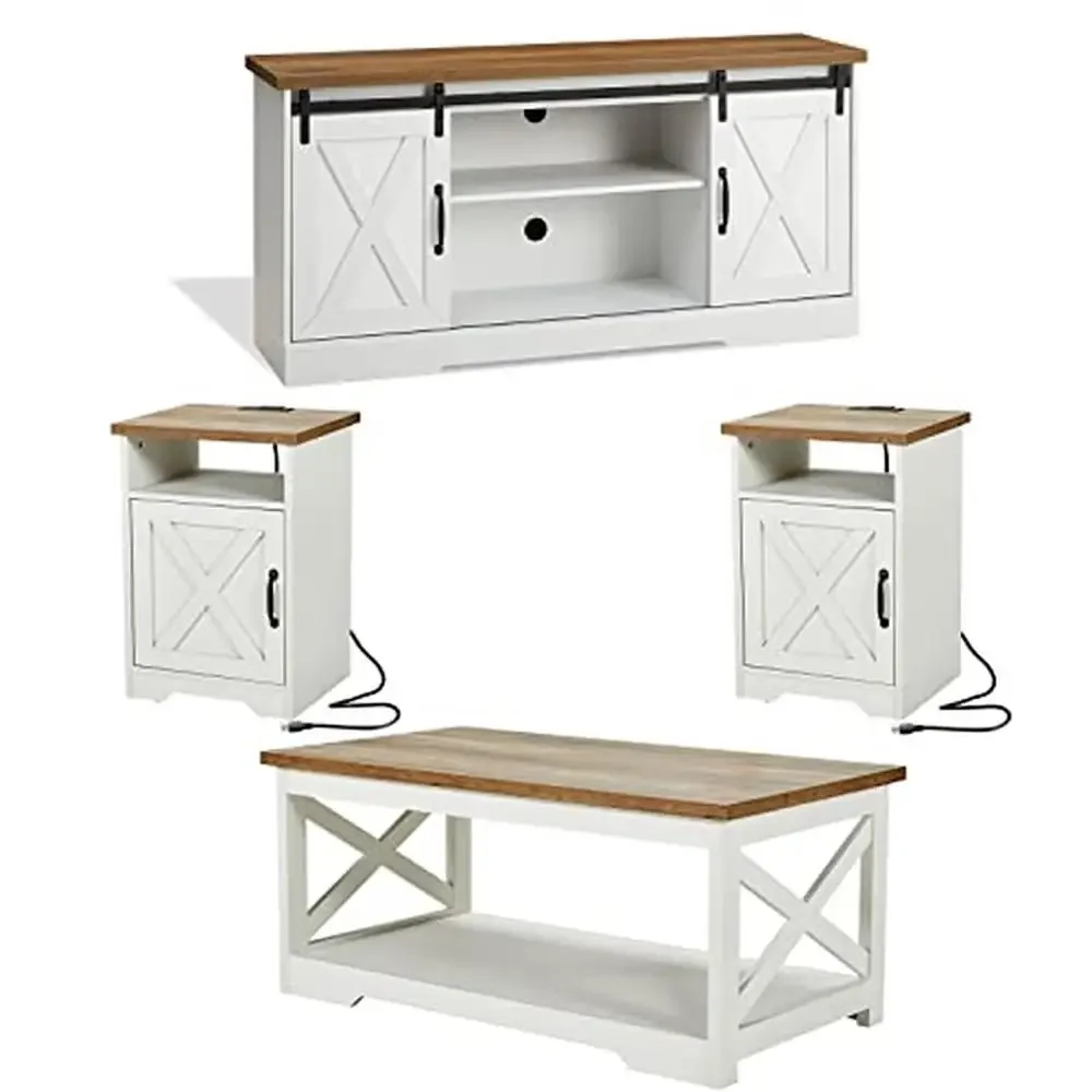 Farmhouse 4-Piece Set Sliding Barn Door TV Stand Coffee Table & 2 End Tables Charging Station LED Light TV Console Organizer