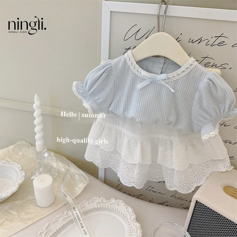 

Girl Clothes Suit 2024 Summer New Korean Style Baby Style Children Bubble Sleeve Top Lace Trouser Skirt Two-piece Princess Set