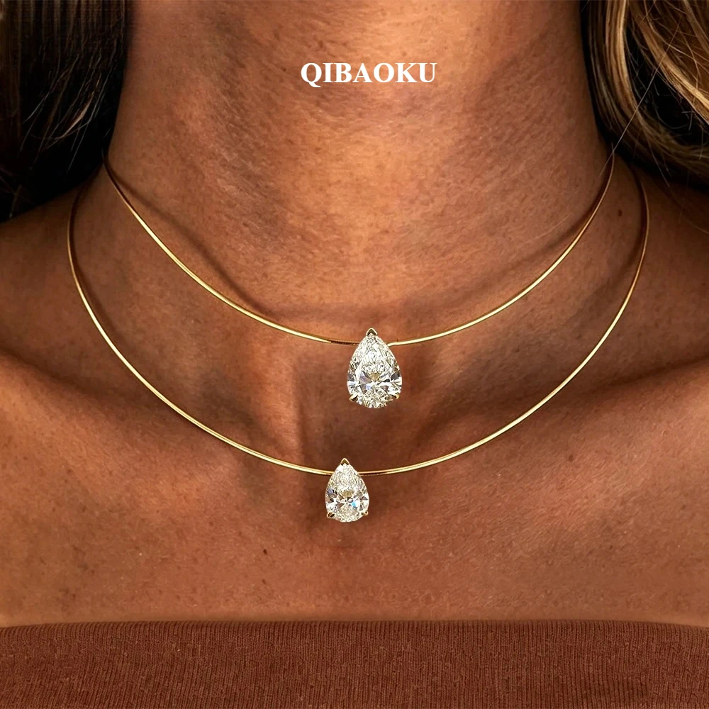 QIBAOKU 3/4/5Carat Pear Cut Moissanite Choker Necklace S925 Silver WaterDrop Diamond Pendant Omega Collar Chain Jewelry 2026