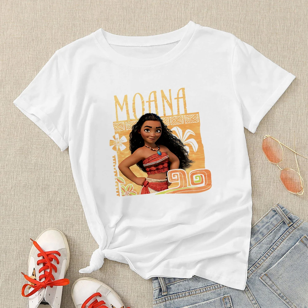 Y2k Kaus Disney Kawaii Putri Moana Kaus Gambar Cetak Atasan Streetwear Musim Panas Wanita Kartun Lucu Kaus Pakaian Estetika