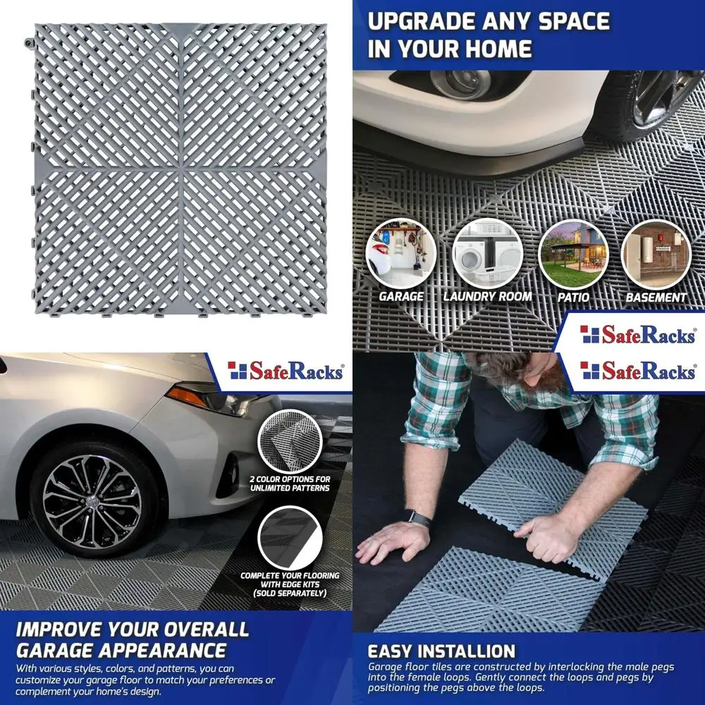 Ribbed Interlocking Garage Tiles - Vented, Self-Draining, Non-Slip, Modular Polypropylene Flooring for Enhanced Safety and Durab