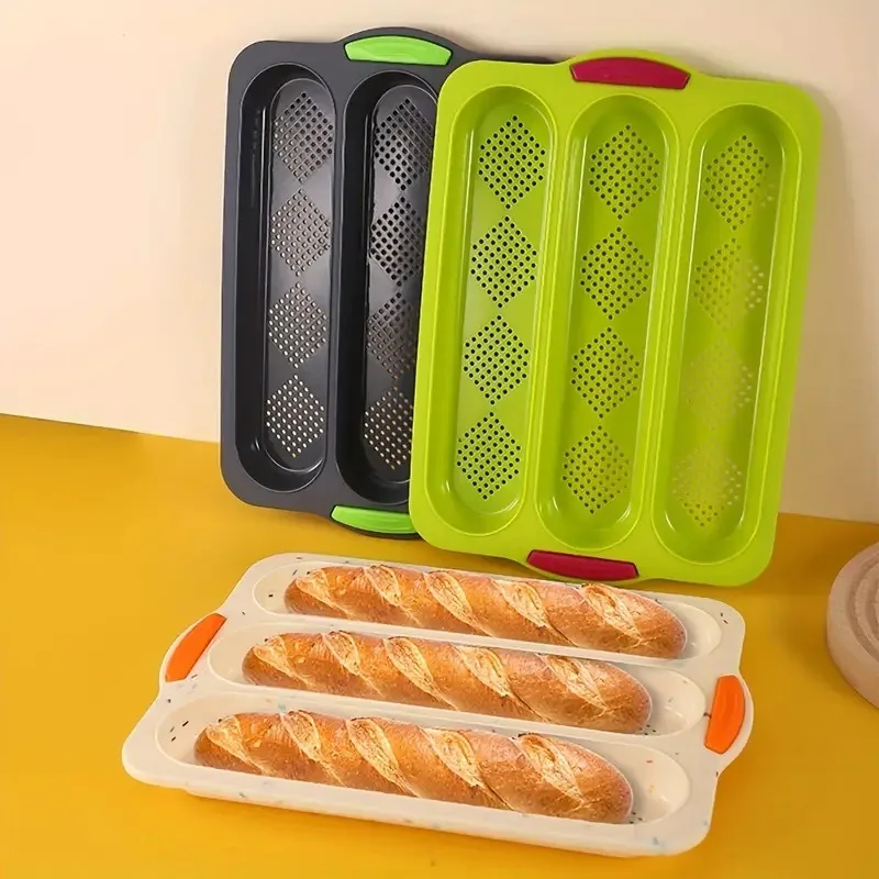 Silicone Long Strip 3 Slots Baguette Bread Baking Tray Diamond Grid Cake Mold Household Diy Baking Silicone Mold Cake Molds