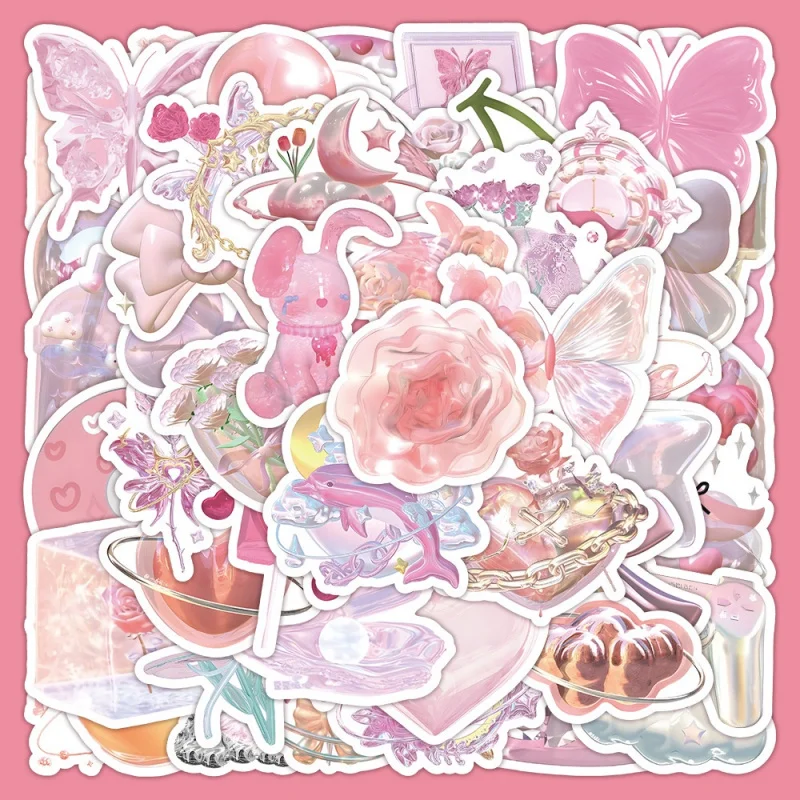 63PCS INS Styles Shiny Pink Laser Stickers For Luggage Phone Case Laptop Notebook Decals Kids Gift