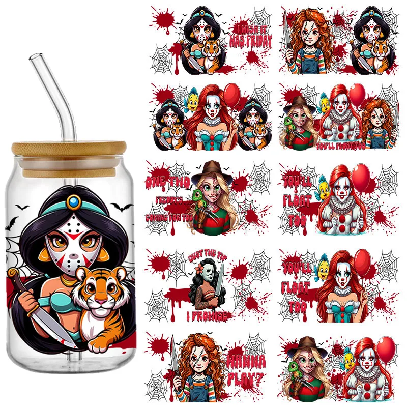 

Милая мультяшная Хэллоуин Жасмин девочка 16 унций УФ DTF чашка обертка переводная наклейка пользовательская этикетка DIY водонепроницаемый логотип для Libbey стеклянная банка