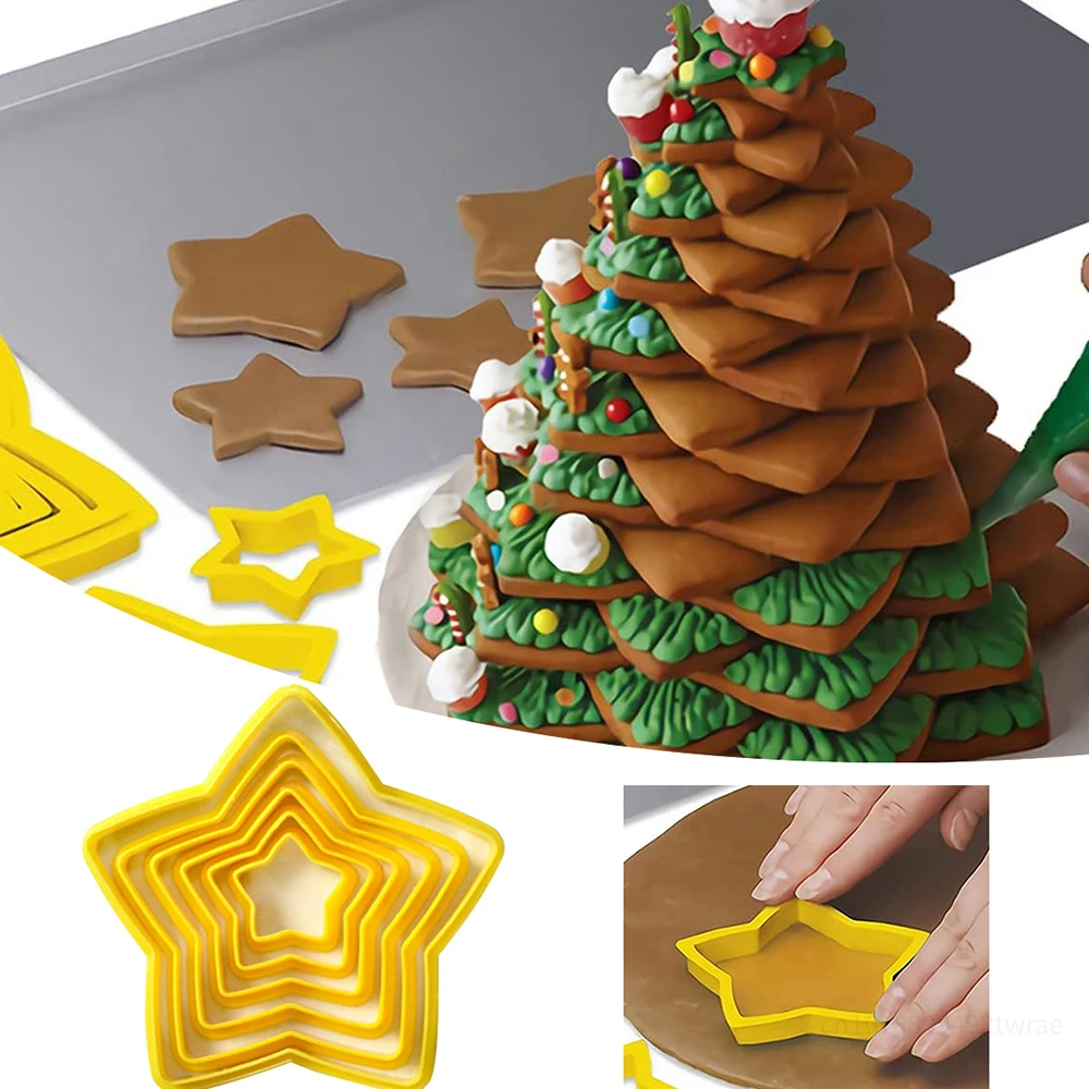 6pcs/Set Star Shape Plastic Plunger Cutter Cookie Cutter Fondant Cake Five-pointed Star 3D Decorating Tool Christmas Baking Mold