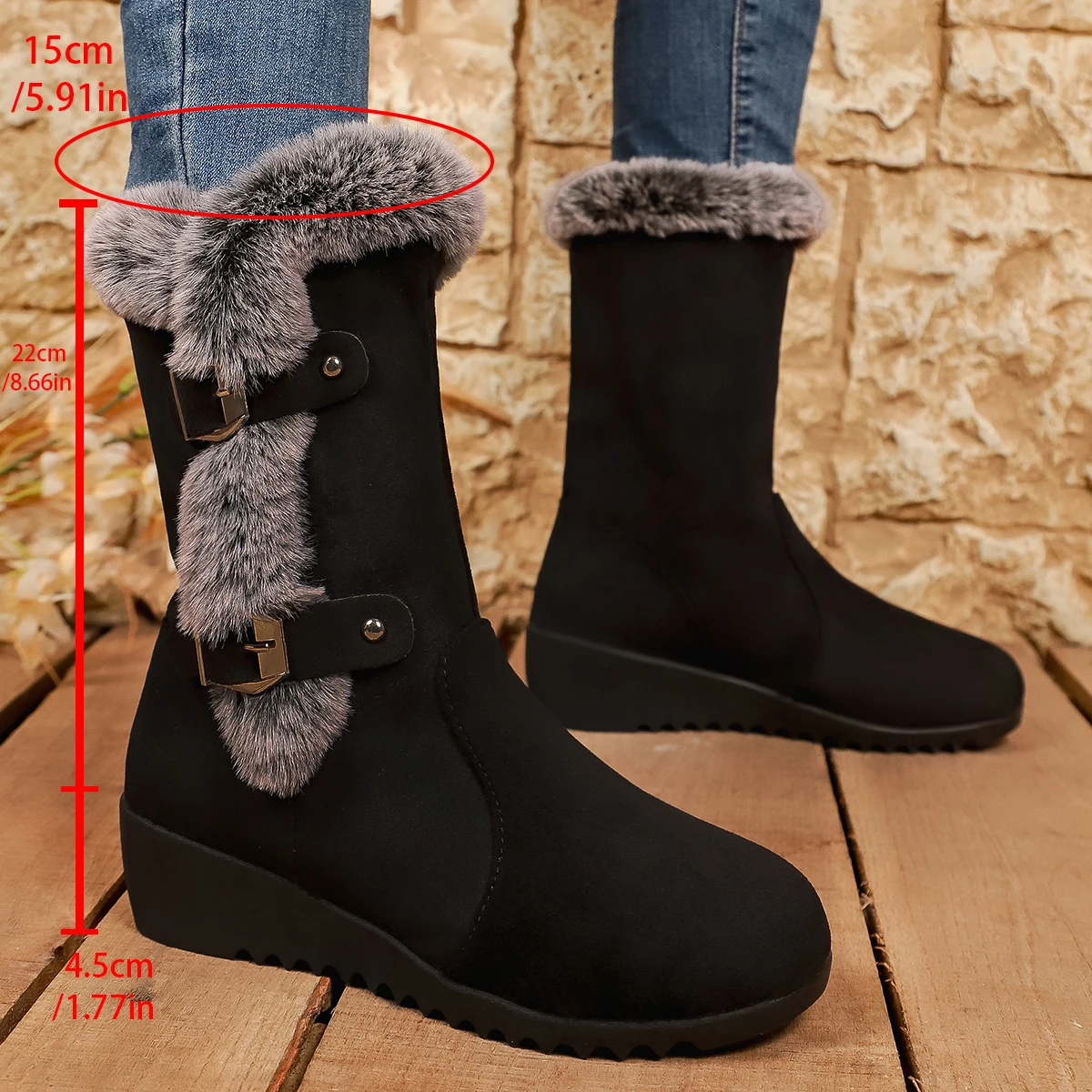 Women Snow Boots Fluffy Fur Wedge Heel Suede Ankle Boots Women Winter Warm Shoes Thick Plush Non Slip Metal Buckle Short Booties