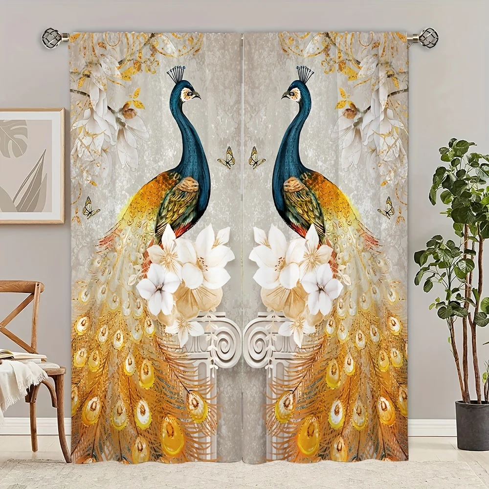 2pcs Gothic Peacock Animal Flower Retro Style Curtains Window Treatment for Bedroom Office Kitchen Living Room Study Home Decor