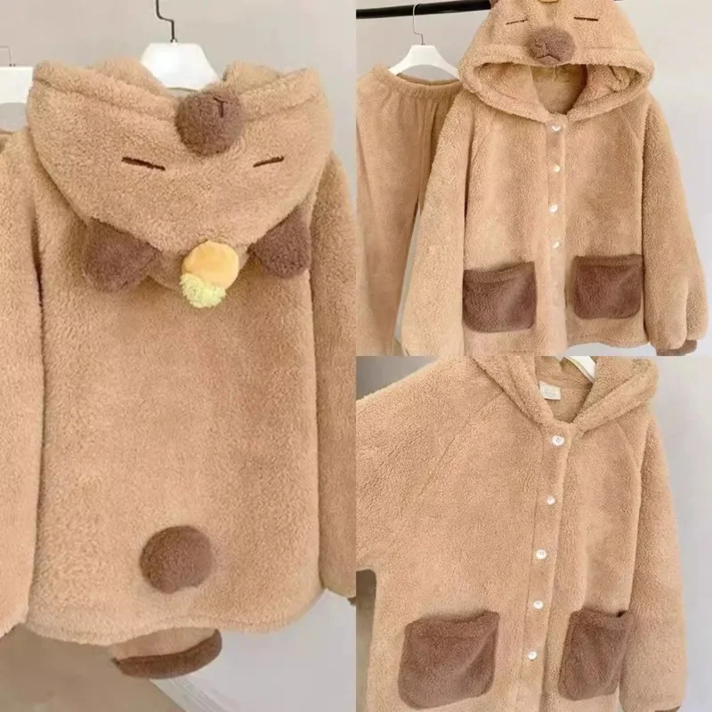 Capybara-Ensemble de pyjama à capuche pour femme, sweat à capuche avec bouton optique mignon, lieu de broderie, haut chaud pour la maison, sourire, nouveau, automne, hiver