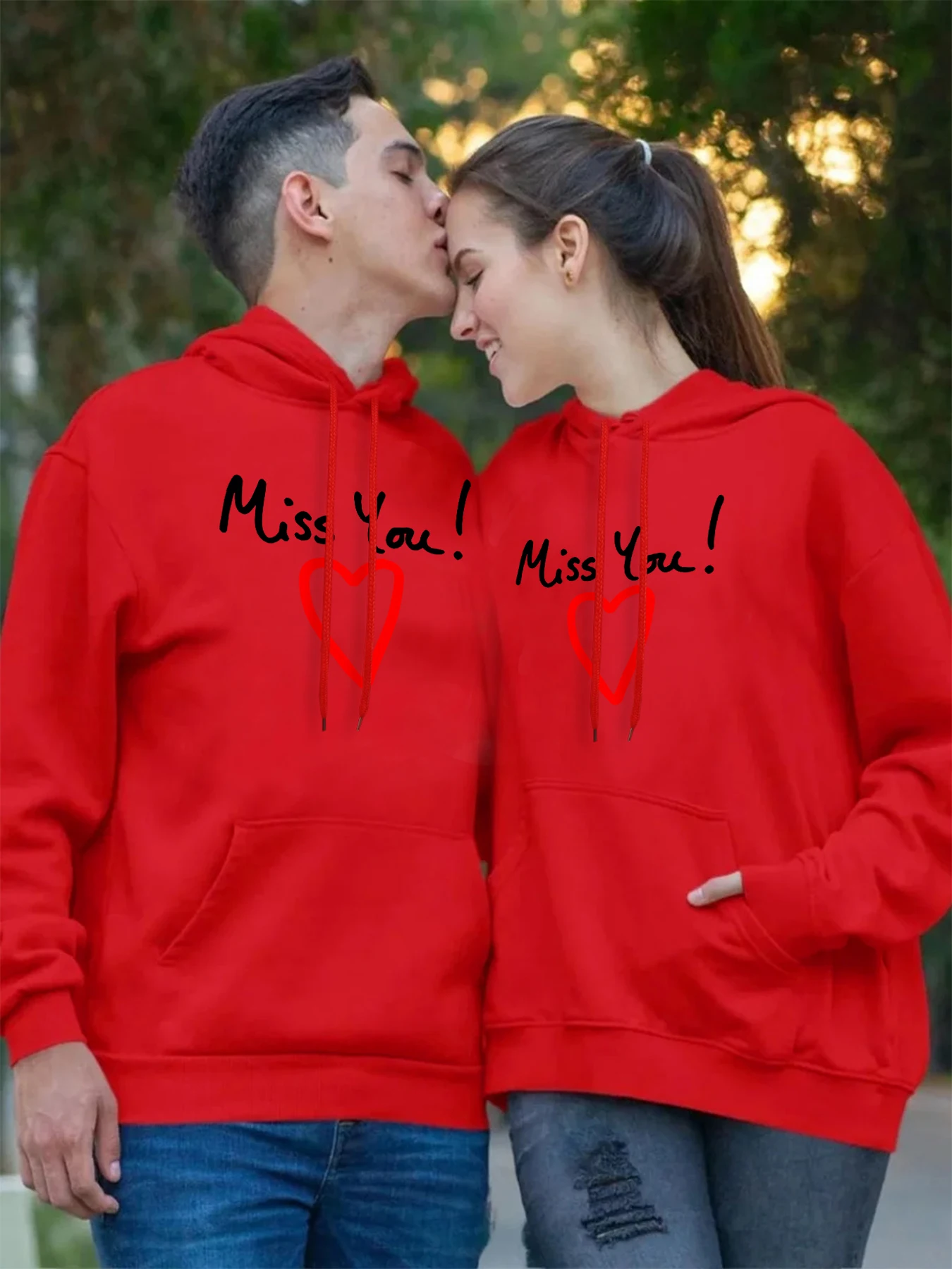 1pc Couple Hoodies Miss You! Red Love Pattern Men Hoodie Trendy Multicolor Pullover Casual All-Match Top Harajuku Fleece Hoody