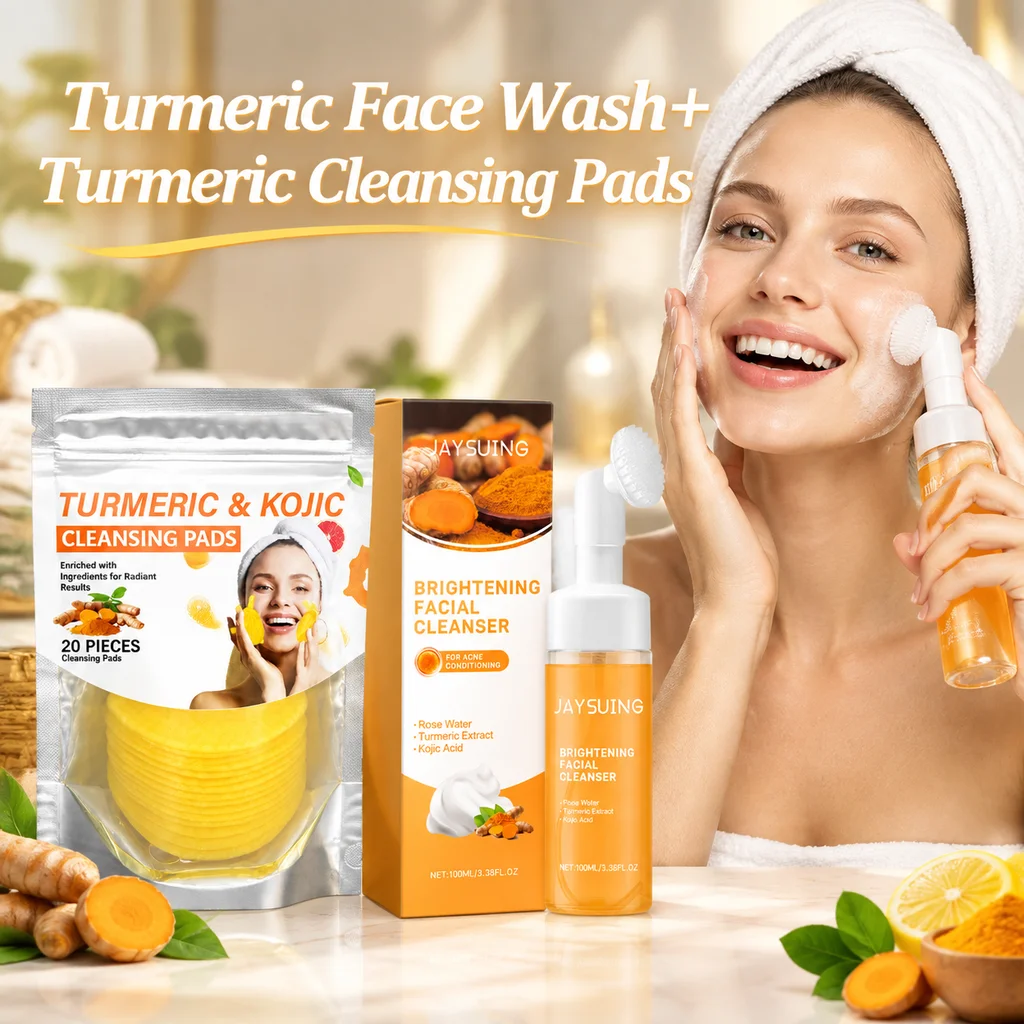 Turmeric Face Wash + Cleansing Pads,Natural Turmeric Kojic Acid Formula, Reduce Blemishes & Dark Areas,Daily Cleansing Set Duo