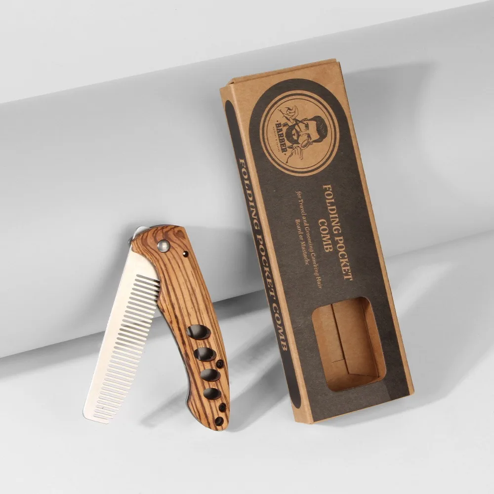 Wooden Stainless Steel Men's Pocket Comb Folding Beard Comb Hair Combs Set for Men Perfect For Use