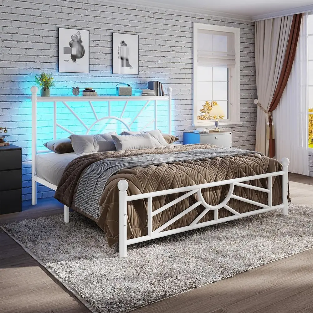 

Двуспальная кровать с основанием и LED-подсветкой, двуспальная кровать с прочными металлическими ламелями, не требует пружинного блока, бесшумная, простая сборка, подходит для любого помещения.