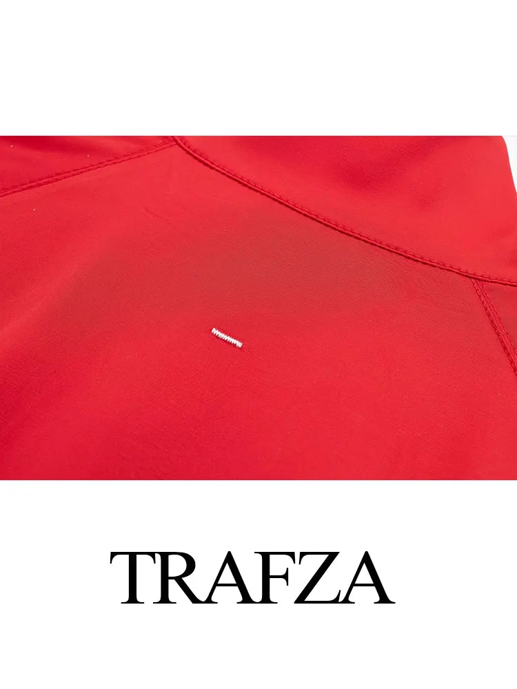 TRAFZA 2024 Women Fashion Contrast Striped Coat Long Sleeve Stand Collar Zipper Jacket Female Casual Street Red Outerwear