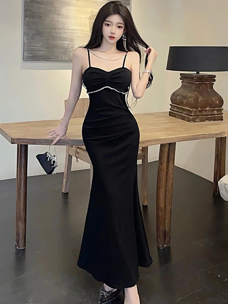 Vrouwen Roze Geplooide Diamanten Luxe Chain Sling Sexy Lange Jurk Zomer Bodycon Dance Party Dress 2025, Koreaanse Vintage Nachtjurk