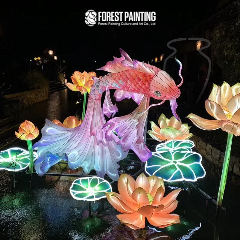 Chinese Style Hanging Fish Lanterns Goldfish Carp Lotus Leaf Decor for Mid Autumn Festival National Day Home Garden Party