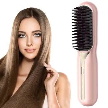 Image Cordless Hair Straightener Brush Anti-Scald Hair Straightening Comb Portable Straightening Brush for All Hair Types