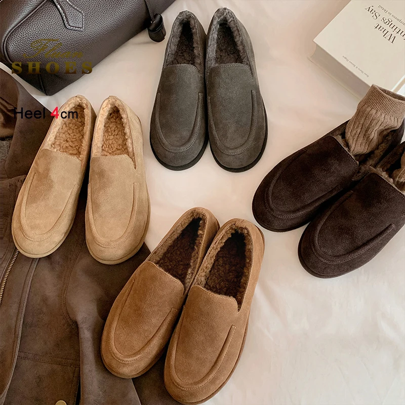 

2025 Autumn Winter Coffee Colour Women's Shoes Thick Heels 4cm Round Toe Retro Ladies Suede Leather Loafers Slip-on Casual Shoes