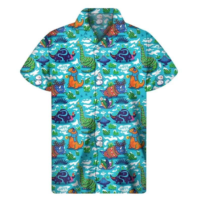 Padrão de dinossauro dos desenhos animados dos homens camisas havaianas, impressão 3D, camisa de lapela animal, botão solto rua, mangas curtas, blusa verão